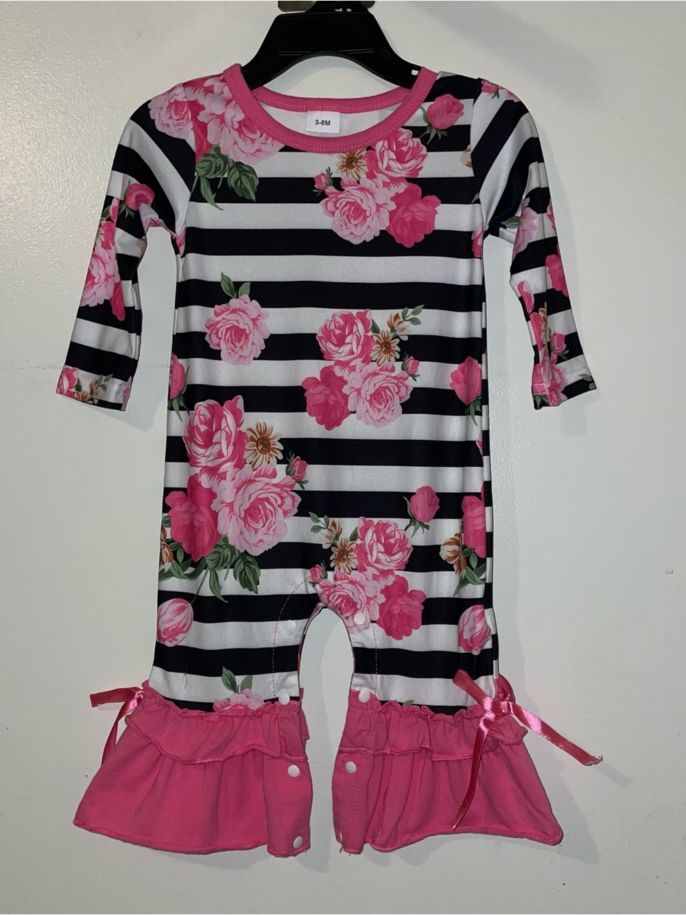 Striped Black & White Baby Romper with Pink Floral Print